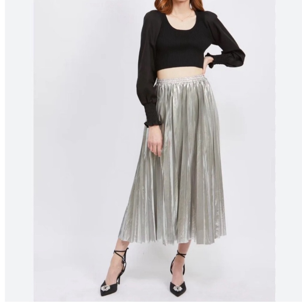 Silver Accordion Pleated Midi Skirt
